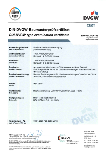 TKW Be- und Entlüftungsventil PN 16 DIN 14462, DVGW Zertifikat - 2500l/min